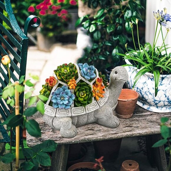 Solar Garden Outdoor Turtle Statue with Succulent 7 LED Lights Outdoor Decor - Picture 2 of 8